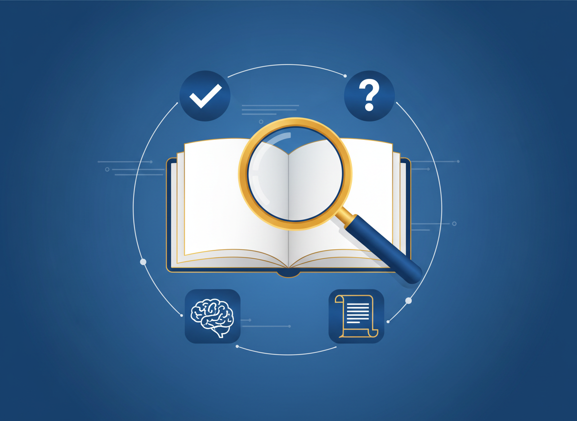 A clean, modern editorial illustration for an Italian critical thinking resources page. Shows an open book with a magnifying glass, surrounded by floating icons: a checkmark, a question mark, a brain, and a document. Color palette: deep blue, white, and a touch of gold. Minimal, professional, slightly editorial style. No text.
