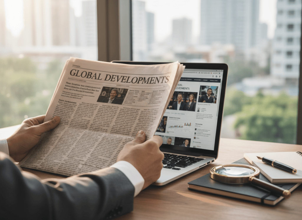 Professional DSLR photography style. A person's hands holding a printed newspaper in front of a laptop screen showing a news website, with a magnifying glass on the desk beside them. Shallow depth of field, bokeh background, natural window light, editorial journalism atmosphere. Realistic, high resolution, no text overlays.
